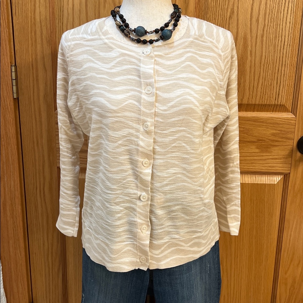 LOFT, Beige and White, Animal Print, 100% Cotton, Light Weight, Cardigan